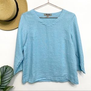 flax | turquoise linen ¾ sleeve lagenlook blouse petite xs 4/6